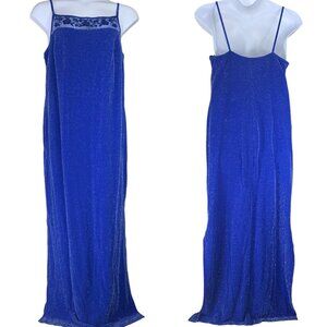 Vintage Dress Sz 2X Blue Silver Sparkly Maxi Tank Floral Neckline Slits Roberta